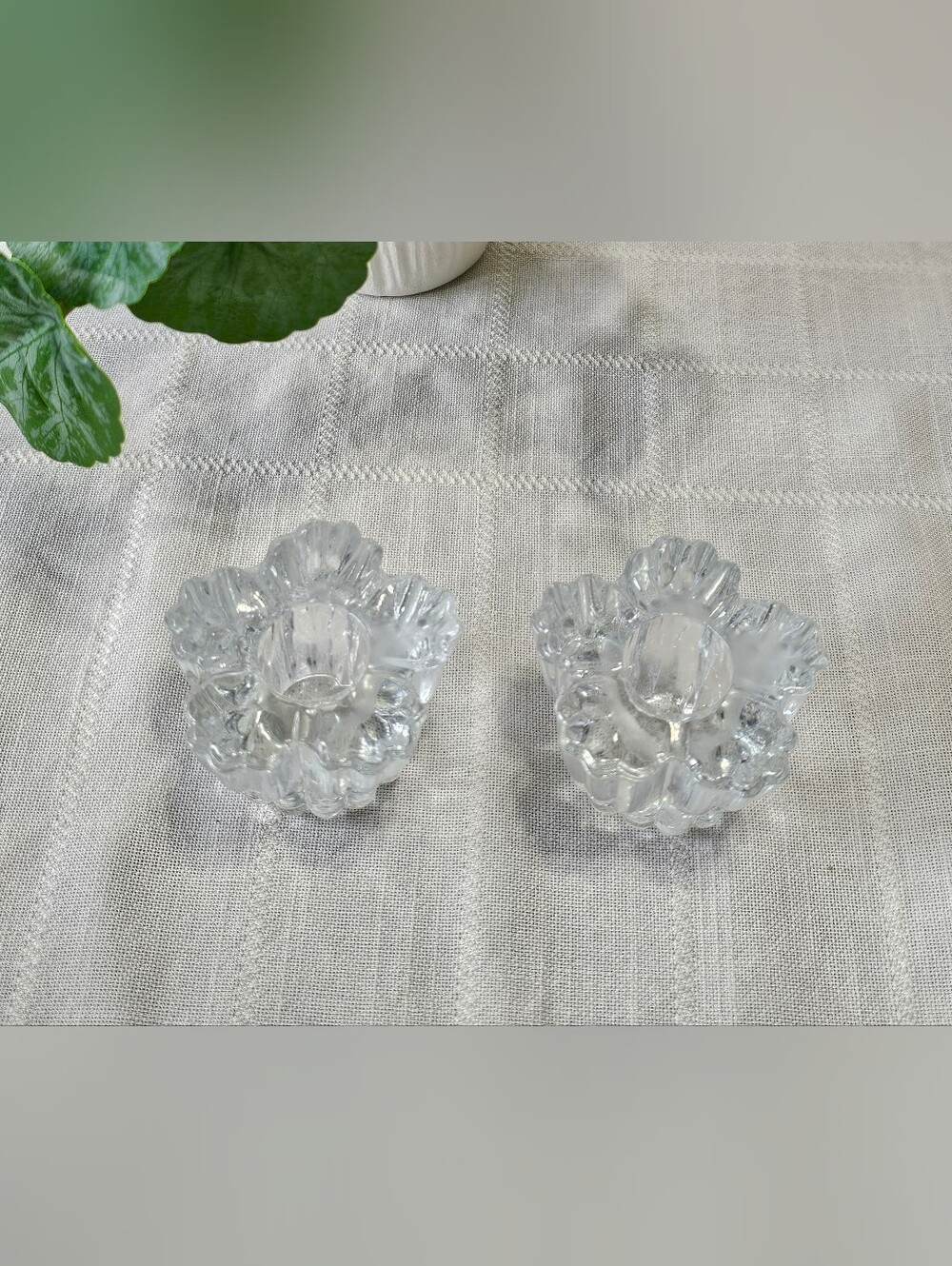 Vintage Clear Pressed Glass Floral Taper Candle Holders Set of 2